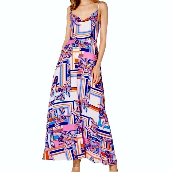 Foxiedox Womens Geometric Print Maxi Dress S Multicolor Spaghetti Straps Flowy - Picture 1 of 11